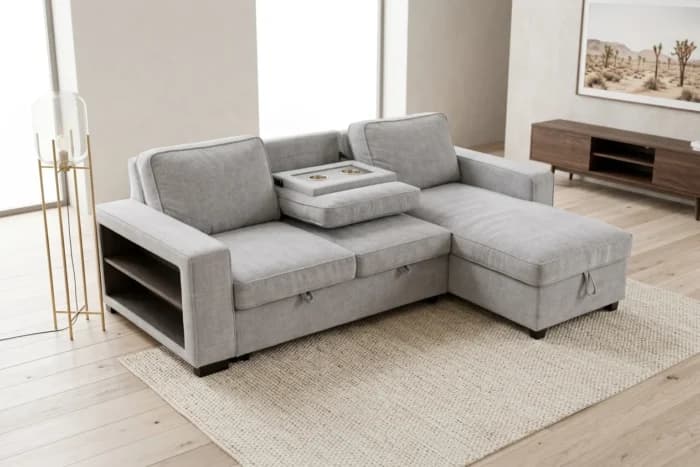 CANAPÉ D'ANGLE CONVERTIBLE &amp; RÉVERSIBLE AVEC COFFRE DE RANGEMENT - GRIS CLAIR - Image 1