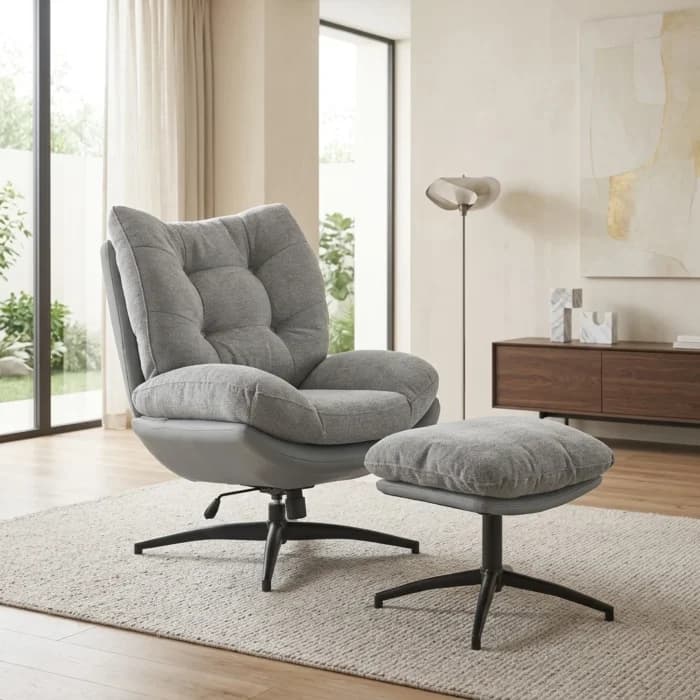FAUTEUIL EN TISSU + REPOSE PIEDS - GRIS - Image 1