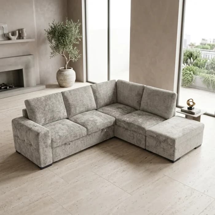 CANAPÉ D'ANGLE DROIT CONVERTIBLE + OTTOMAN EN TISSU - BEIGE - Image 1