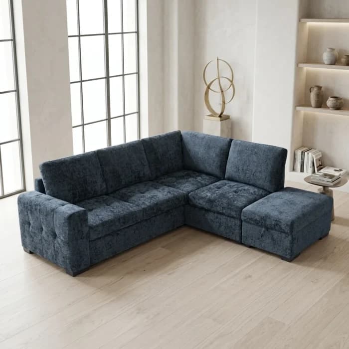 CANAPÉ D'ANGLE DROIT CONVERTIBLE + OTTOMAN EN TISSU - BLEU FONCÉ - Image 1