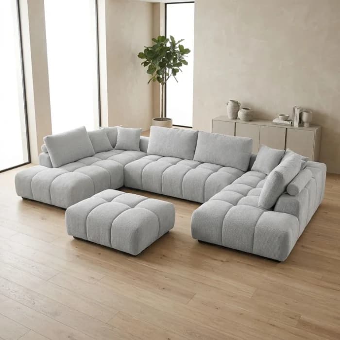CANAPÉ D'ANGLE EN U EN TISSU + OTTOMAN - GRIS CLAIR - Image 1