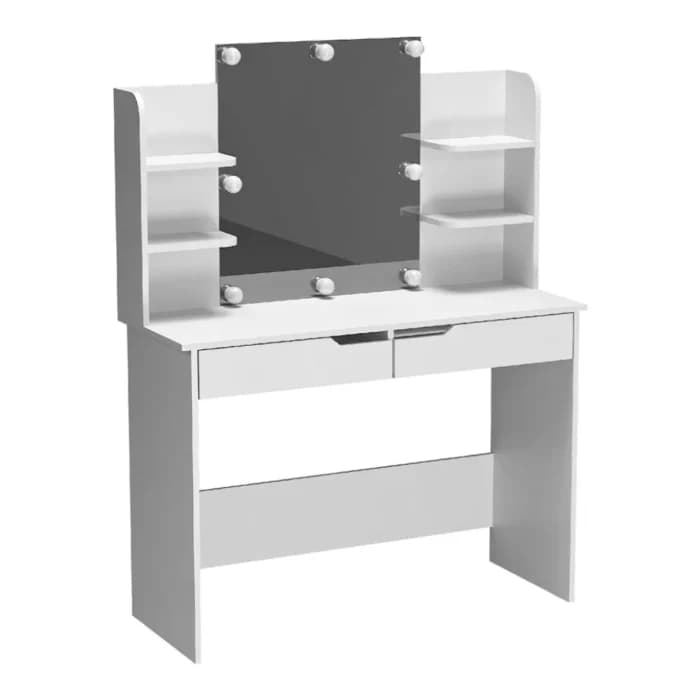 COIFFEUSE 2 TIROIRS AVEC ÉTAGÈRES ET MIROIR LED - BLANC - Image 1