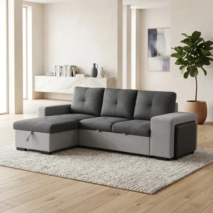 CANAPE D'ANGLE CONVERTIBLE ET REVERSIBLE EN TISSU - GRIS - Image 1