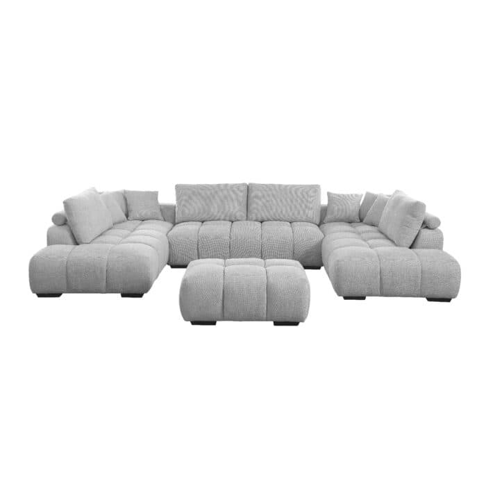 CANAPÉ D'ANGLE EN U EN TISSU + OTTOMAN - GRIS CLAIR - Image 2