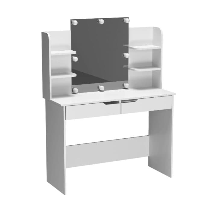 COIFFEUSE 2 TIROIRS AVEC ÉTAGÈRES ET MIROIR LED - BLANC - Image 2