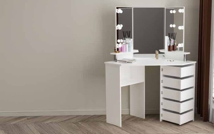 COIFFEUSE 5 TIROIRS + MIROIRS + LED - BLANC - Image 2
