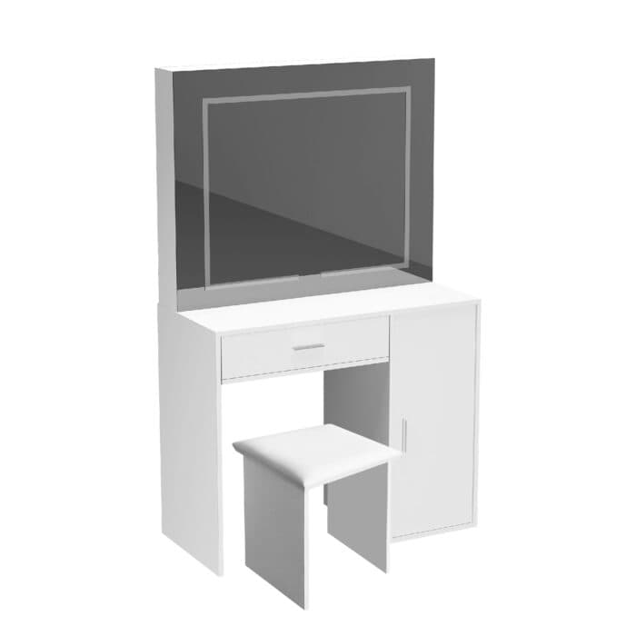 COIFFEUSE 1 TIROIR 1 PORTE AVEC MIROIR ET TABOURET - BLANC - Image 2