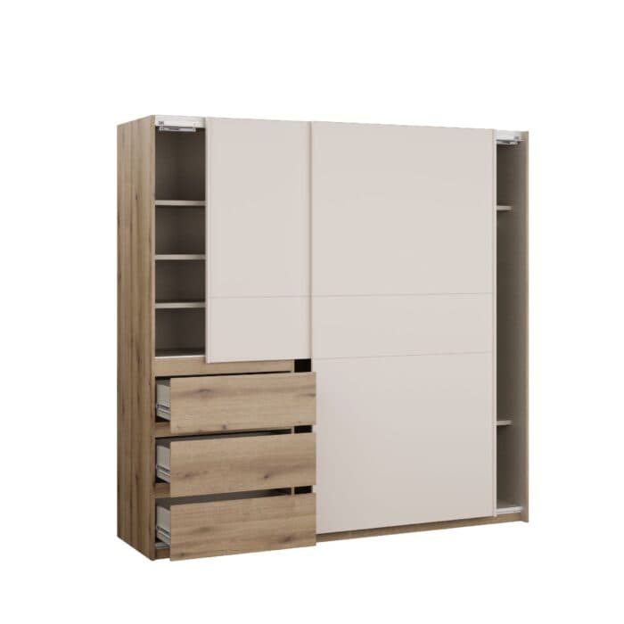 ARMOIRE 2 PORTES COULISSANTES + 3 TIROIRS  - CHENE &amp; SABLE - Image 2