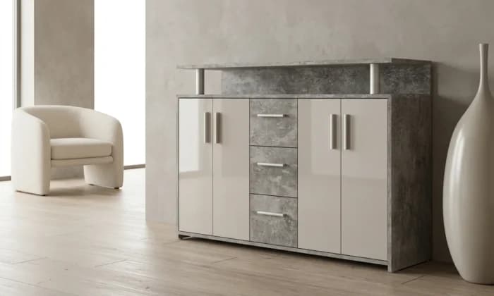 ENFILADE 4 PORTES + 3 TIROIRS - GRIS &amp; BLANC - Image 1