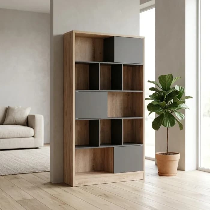 BIBLIOTHEQUE 3 PORTES / 9 NICHES  - CHENE GRIS FONCE - Image 1