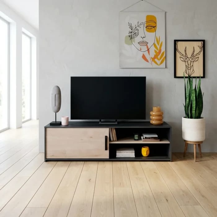 MEUBLE TV 1 PORTE - CHENE JACKSON &amp; NOIR - Image 1