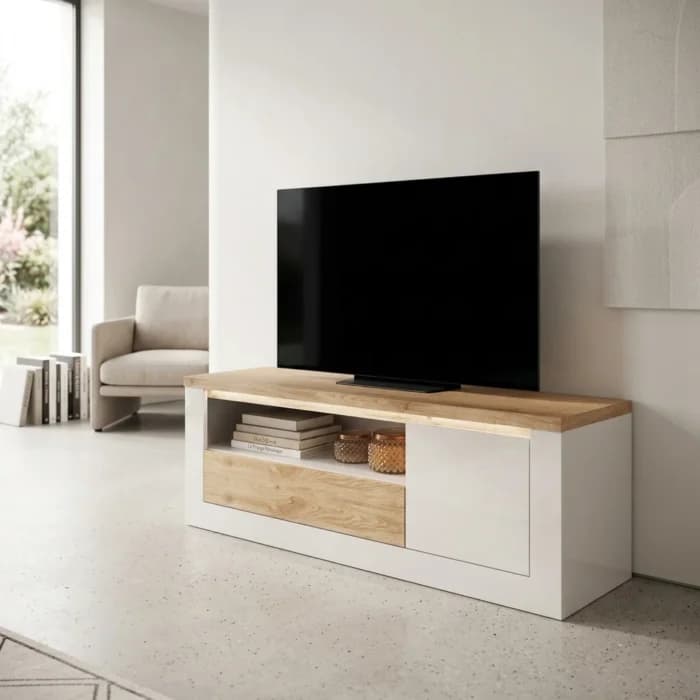 MEUBLE TV 1 PORTE + 1 TIROIR + 1 NICHE - BLANC ET CHÊNE - Image 1