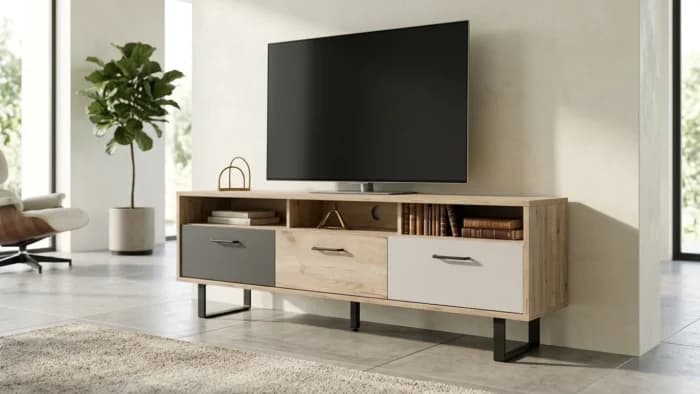 MEUBLE TV 3 PORTES ABATTANTES + 3 NICHES - CHÊNE ET GRIS - Image 1
