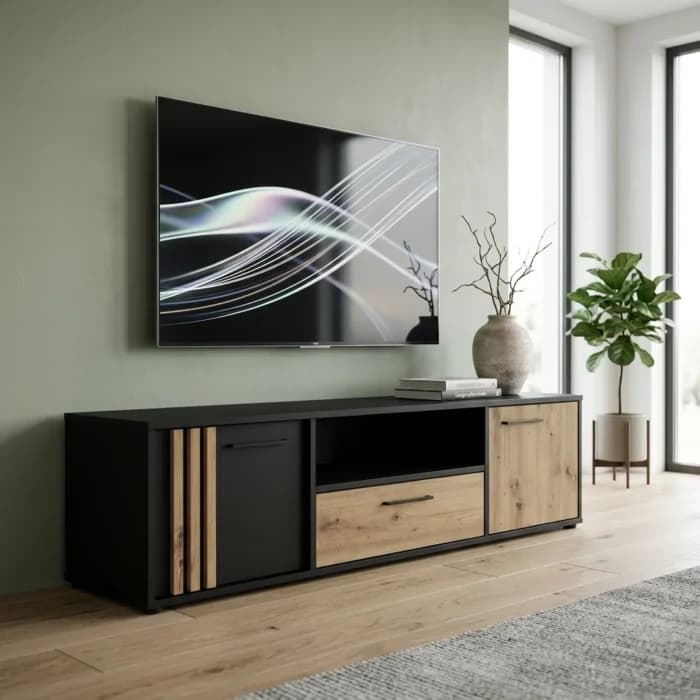 MEUBLE TV 2 PORTES 1 TIROIR 1 NICHE - NOIR ET CHENE - Image 1