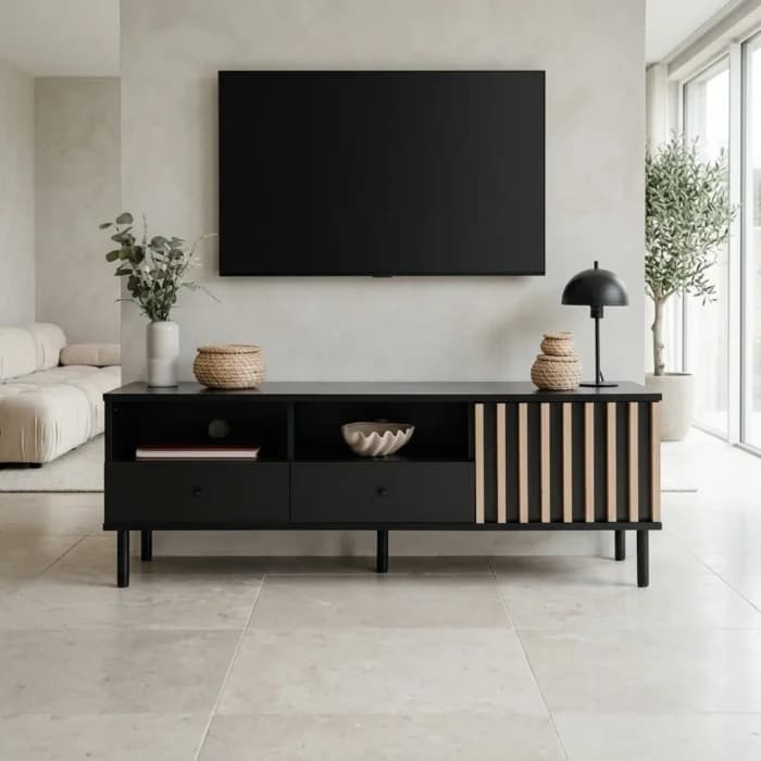 MEUBLE TV 1 PORTES, 2 TIROIRS ET &amp; 2 NICHES - NOIR &amp; CHENE - Image 1