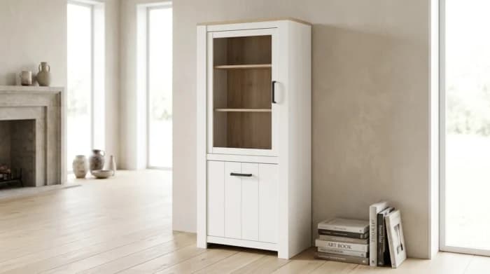 VITRINE 1 PORTE VITRE + 1 PORTE - CHENE ET BLANC - Image 1