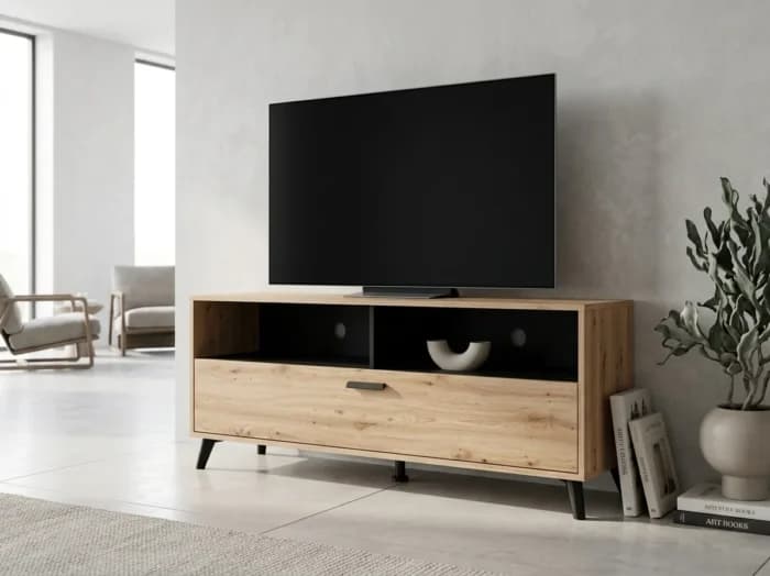 MEUBLE TV 1 PORTE 2 NICHES 2 TIROIRS - CHÊNE ARTISAN ET NOIR - Image 1