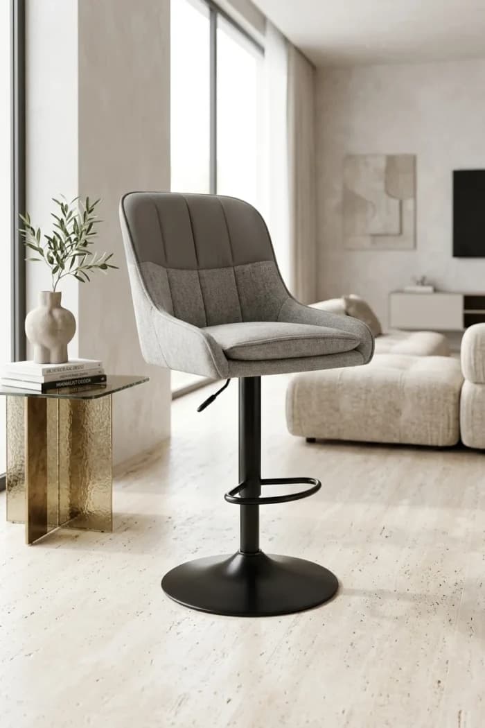 TABOURET DE BAR EN SIMILI CUIR ET TISSU - GRIS - Image 1