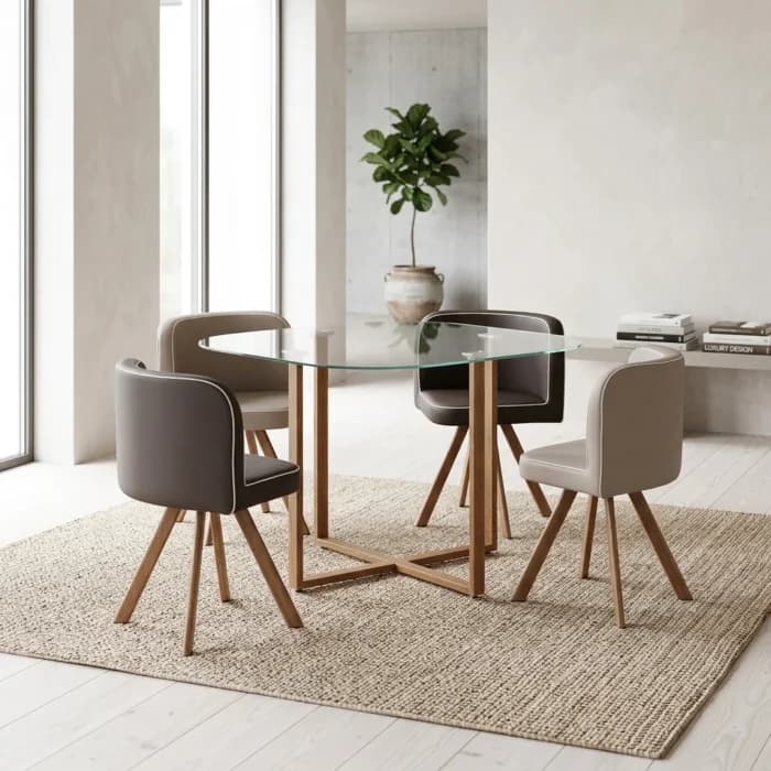 TABLE À MANGER + 4 CHAISES ENCASTRABLES - GRIS - Image 1