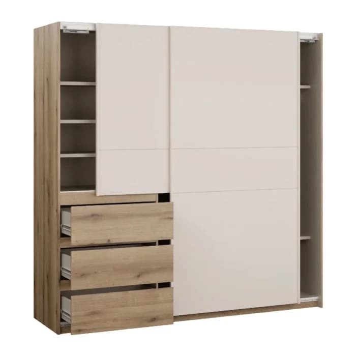 ARMOIRE 2 PORTES COULISSANTES + 3 TIROIRS  - CHENE &amp; SABLE - Image 1