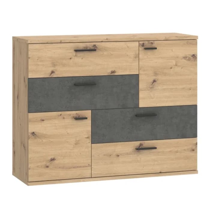 COMMODE 2 PORTES 4 TIROIRS - CHÊNE ET GRIS - Image 1