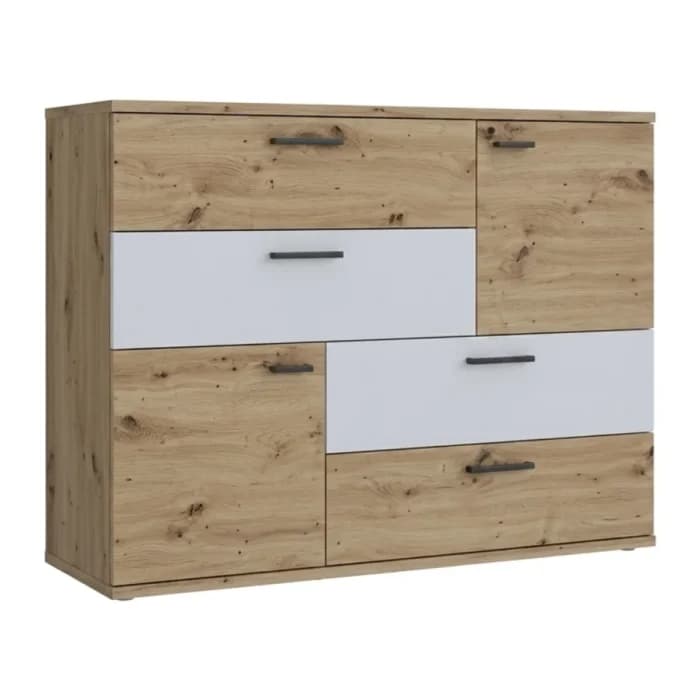 COMMODE 2 PORTES 4 TIROIRS - CHÊNE ET BLANC - Image 1