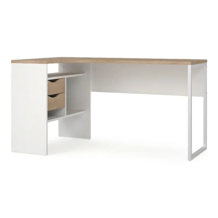 BUREAU D'ANGLE 2 TIROIRS + 3 NICHES - CHÊNE ET BLANC - Image 1