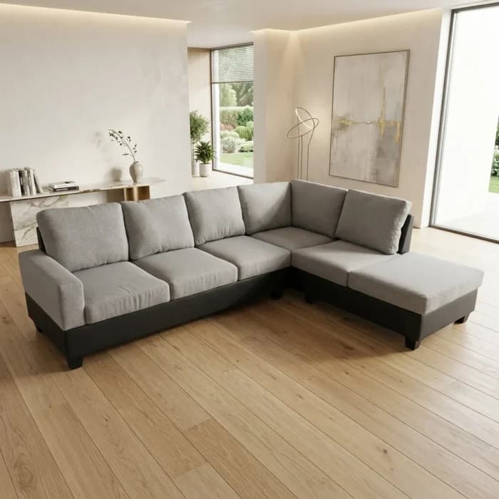 CANAPÉ D'ANGLE DROIT TISSU ET SIMILI CUIR - GRIS ET BLANC - Image 1
