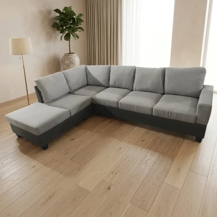 CANAPÉ D'ANGLE GAUCHE TISSU ET SIMILI CUIR - GRIS ET BLANC - Image 1