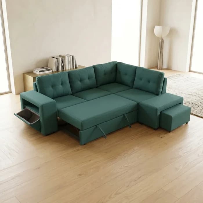CANAPÉ D'ANGLE DROIT AVEC POUF ET RANGEMENT TISSU - VERT - Image 1