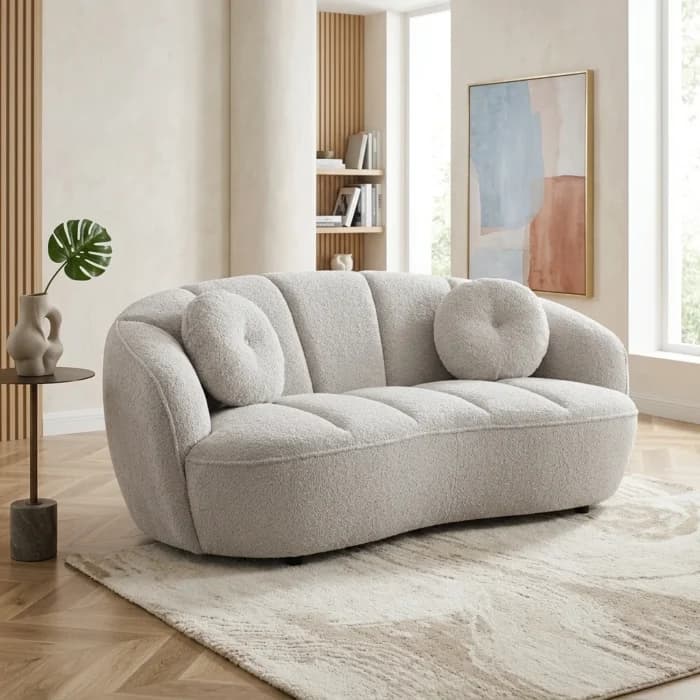 CANAPE 2 PLACES  EN TISSU STYLE BOUCLETTE - BLANC - Image 1