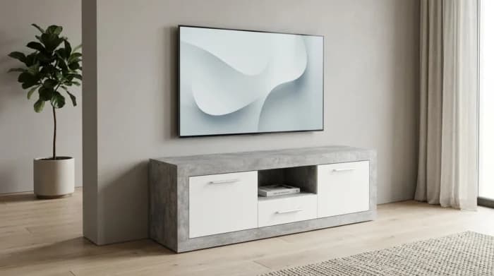 MEUBLE TV 2 PORTES + 1 TIROIR + 1 NICHE - GRIS ET BLANC - Image 1