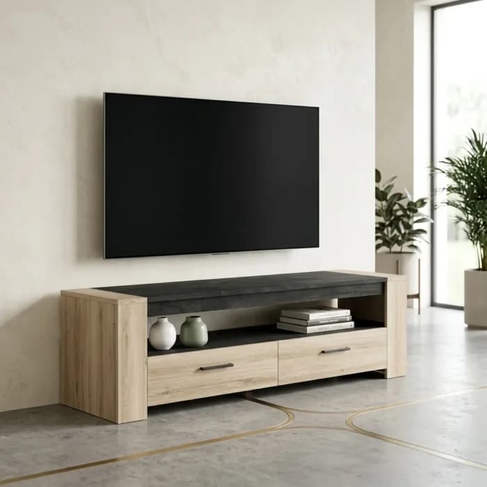 MEUBLE TV 2 TIROIRS 1 NICHE - CHENE - Image 1
