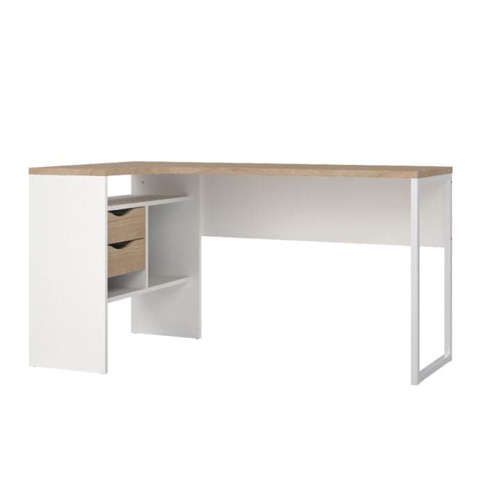 BUREAU D'ANGLE 2 TIROIRS + 3 NICHES - CHÊNE ET BLANC - Image 2