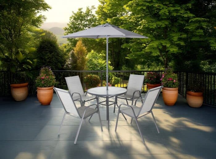 CANAPÉ TABLE RONDE + 4 FAUTEUILS + PARASOL - GRIS - Image 2