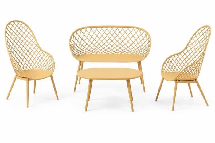 CANAPÉ 2 PLACES + 2 FAUTEUILS + TABLE BASSE EN POLYPROPYLÈNE - JAUNE - Image 2