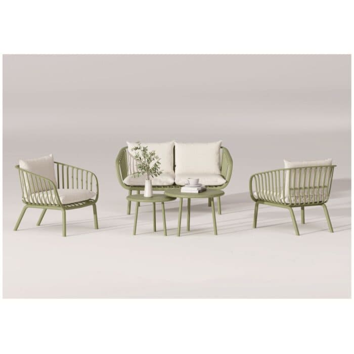 CANAPÉ 2 PLACES + 2 FAUTEUILS + 2 TABLES BASSES EN POLYPROPYLÈNE - VERT ET CRÈME - Image 2