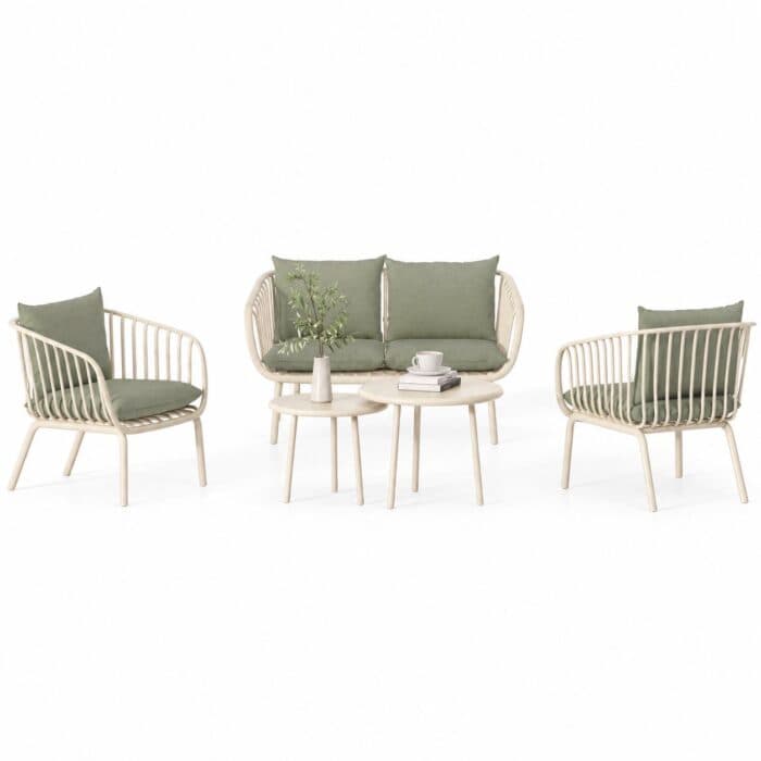 CANAPÉ 2 PLACES + 2 FAUTEUILS + 2 TABLES BASSES EN POLYPROPYLÈNE - BLANC ET VERT - Image 2
