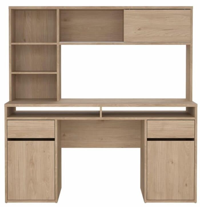 BUREAU + SURMEUBLE 4 NICHES 2 PORTES 2 TIROIRS - CHÊNE HICKORY - Image 2