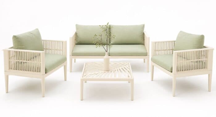 CANAPÉ 2 PLACES + 2 FAUTEUILS + TABLE BASSE - CRÈME AVEC COUSSIN VERT - Image 2