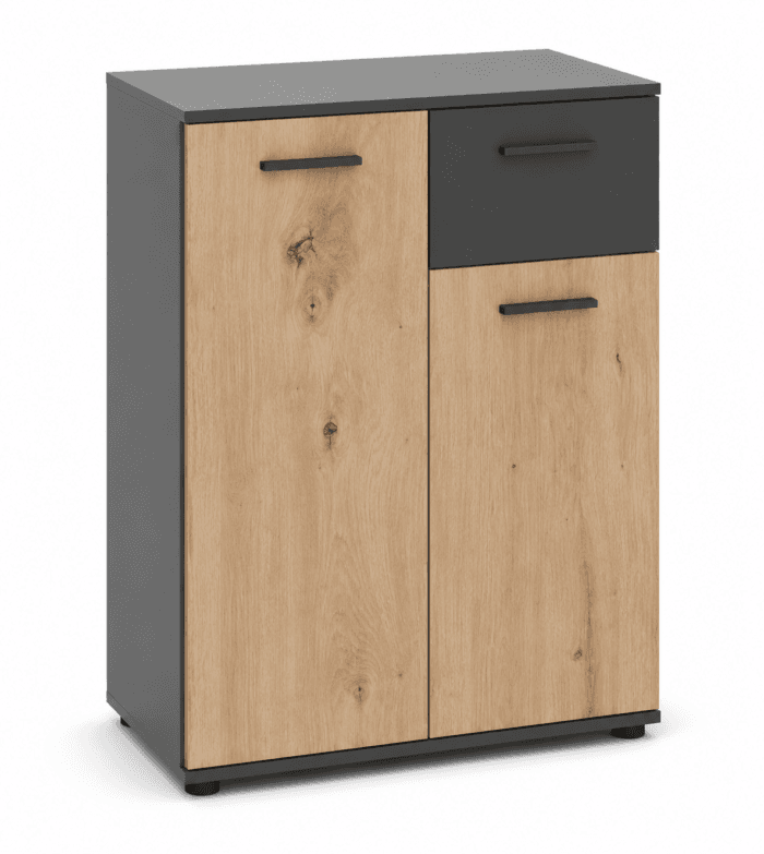 COMMODE 2 PORTES 1 TIROIR - CHÊNE ARTISAN ET ANTHRACITE - Image 1