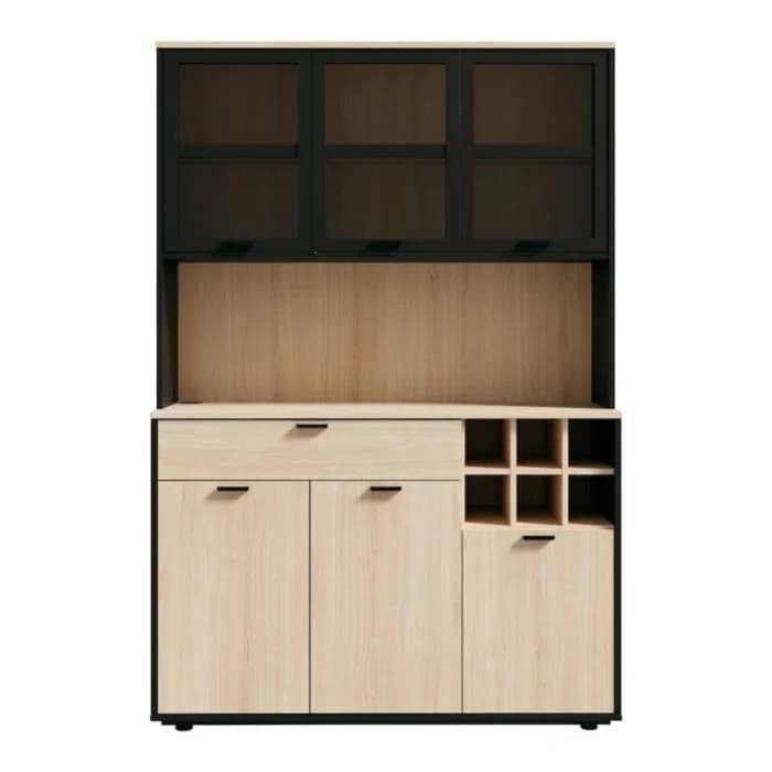 BUFFET 6 PORTES ( 3 VITRÉS ) + 1 TIROIR + 6 NICHES + LED - CHÊNE ET NOIR - Image 1