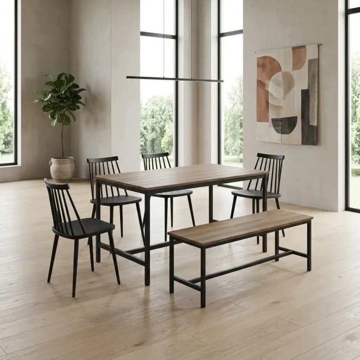 TABLE À MANGER + 1 BANC + 4 CHAISES - CHÊNE ET NOIR - Image 1