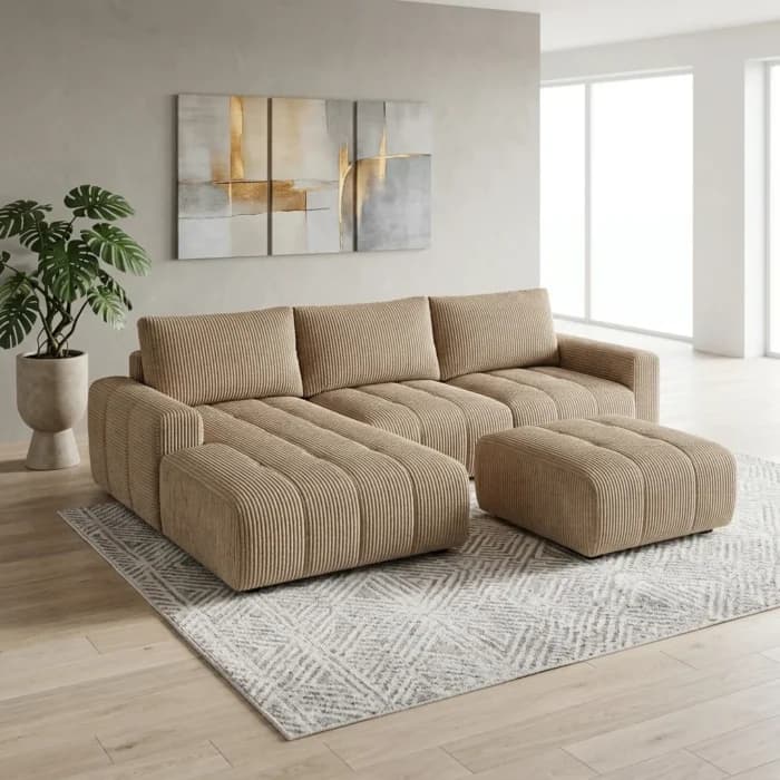 CANAPE CONVERTIBLE D'ANGLE DROIT + OTTOMAN  - BEIGE - Image 1