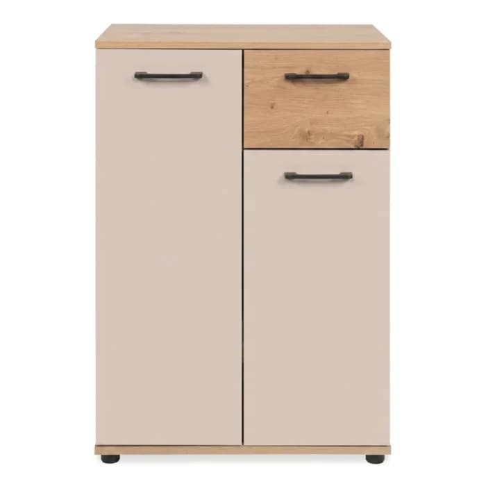 COMMODE 2 PORTES 1 TIROIR - CHÊNE ARTISAN ET BEIGE - Image 1