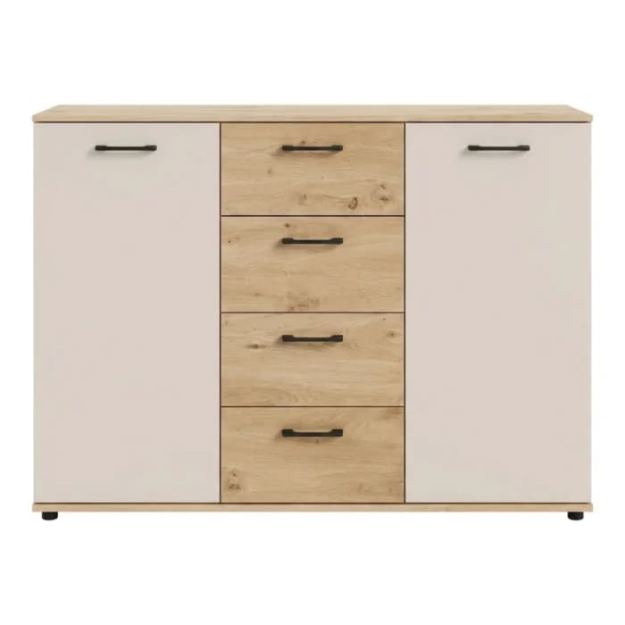 COMMODE 2 PORTES 4 TIROIRS - CHÊNE ARTISAN ET BEIGE - Image 1