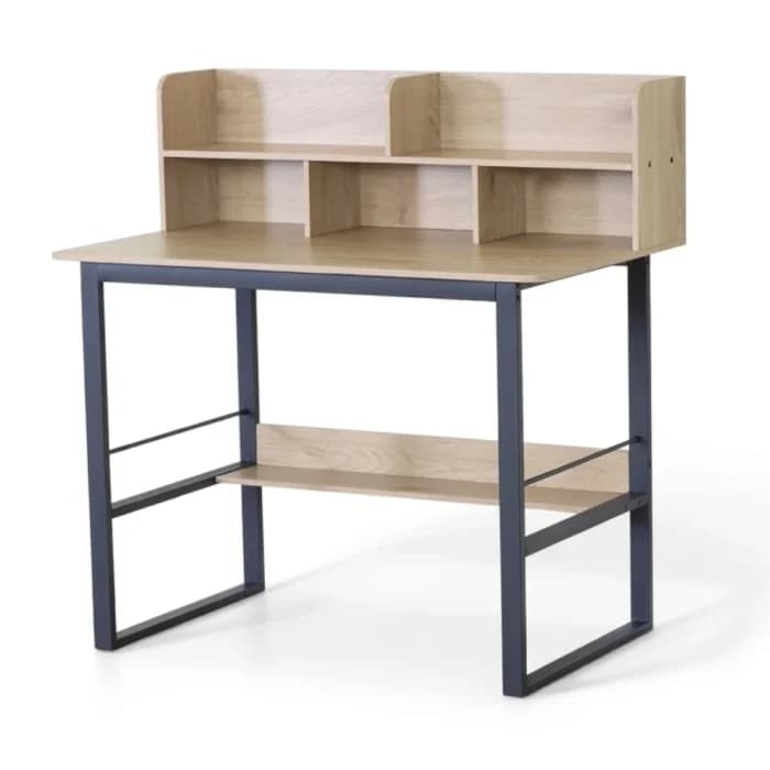BUREAU AVEC SURMEUBLE 5 NICHES - CHÊNE ET MÉTAL NOIR - Image 1