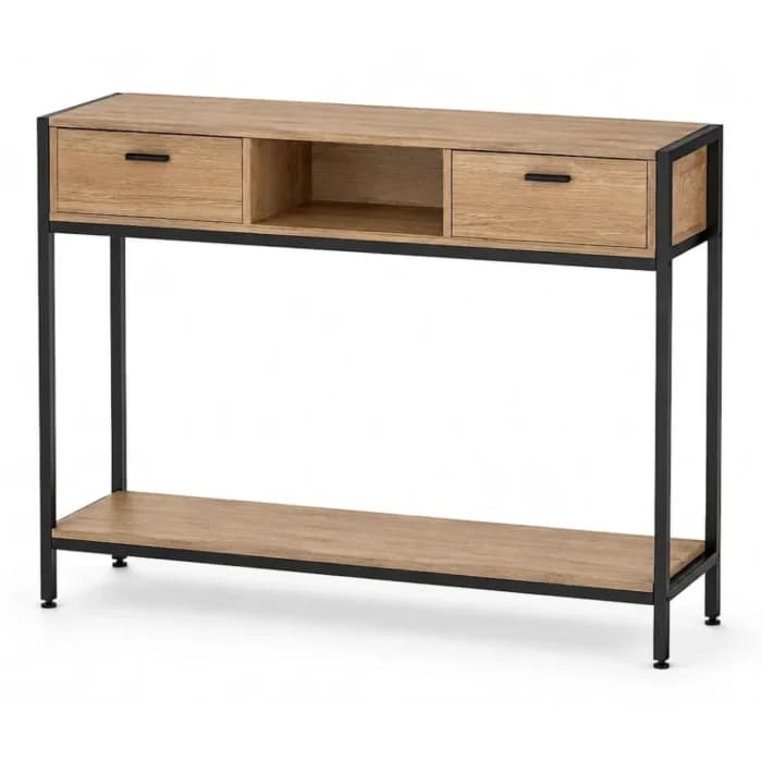 CONSOLE 2 TIROIRS 1 NICHE - CHÊNE ET MÉTAL NOIR - Image 1
