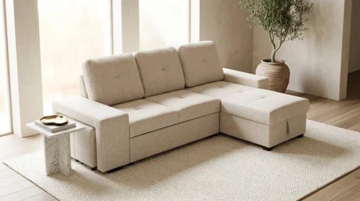 CANAPÉ D'ANGLE INTERCHANGEABLE AVEC 2 TABOURETS - BEIGE - Image 1