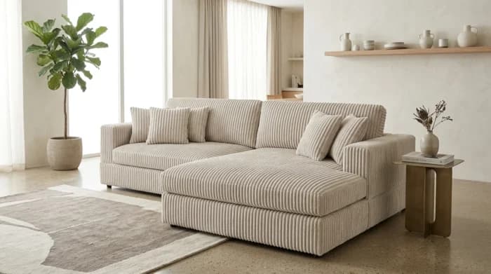 CANAPÉ D'ANGLE DROIT TISSU VELOURS CÔTELÉ - BEIGE - Image 1